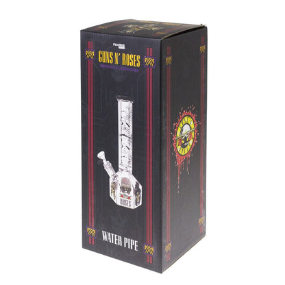 Front view of the 10-inch Valiant GNR Skulls Hexagon Water Pipe, showcasing its patterned glass and hexagonal shape against a plain backdrop.