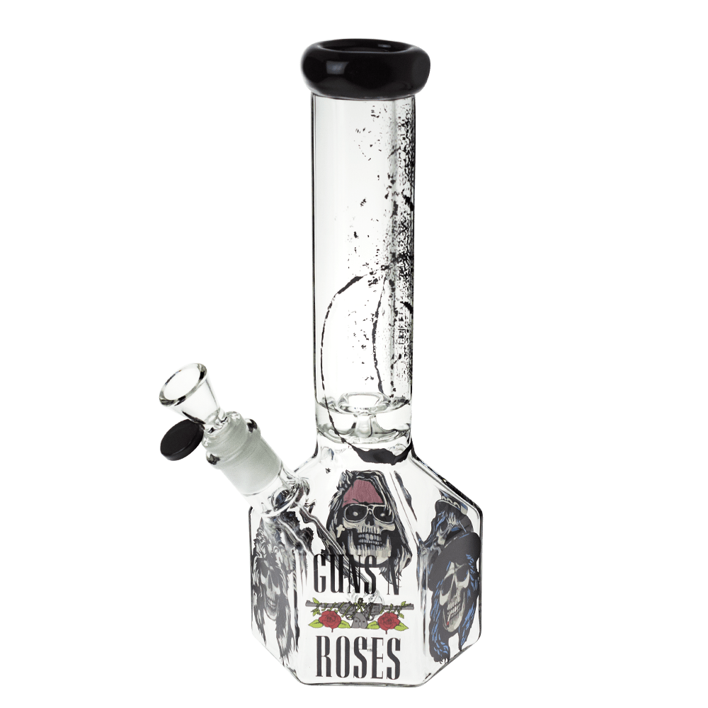 Front view of the 10-inch Valiant GNR Skulls Hexagon Water Pipe, showcasing its clear glass construction and hexagonal shape.