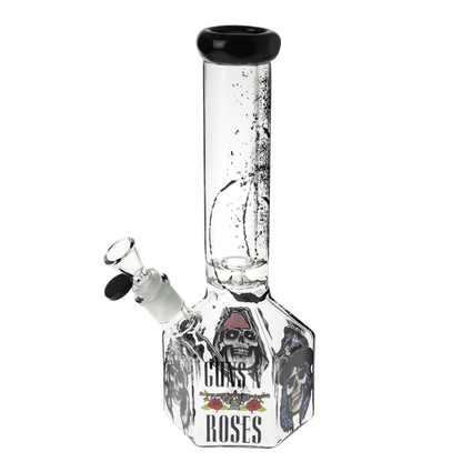 Front view of the 10-inch Valiant GNR Skulls Hexagon Water Pipe, showcasing its clear glass construction and hexagonal shape.