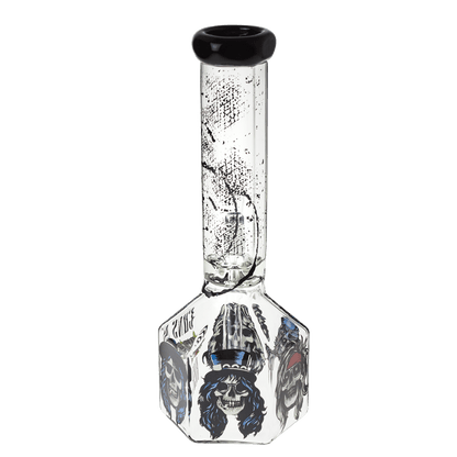Front view of the 10-inch Valiant GNR Skulls Hexagon Water Pipe, featuring skull graphics on clear glass with a hexagonal shape.