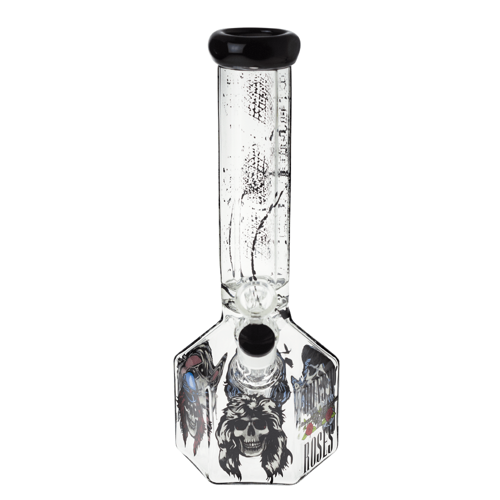 Front view of the 10-inch Valiant GNR Skulls Hexagon Water Pipe, displaying a clear glass body with skull graphics.