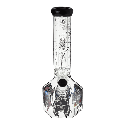 Front view of the 10-inch Valiant GNR Skulls Hexagon Water Pipe, displaying a clear glass body with skull graphics.