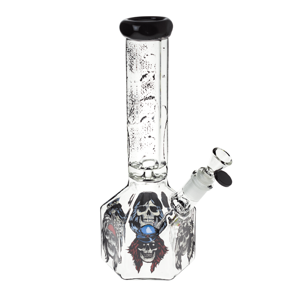 Front view of the 10-inch Valiant GNR Skulls Hexagon Water Pipe, featuring skull graphics on clear glass with a hexagonal shape.