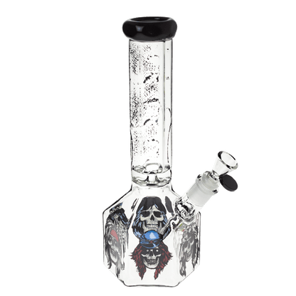 Front view of the 10-inch Valiant GNR Skulls Hexagon Water Pipe, featuring skull graphics on clear glass with a hexagonal shape.