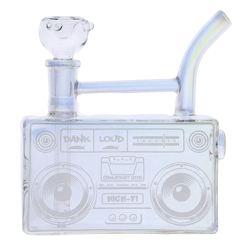 Front view of the DHC Originals Boom Box Water Pipe, a clear glass pipe shaped like a vintage boombox radio.
