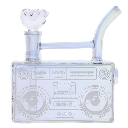 Front view of the DHC Originals Boom Box Water Pipe, a clear glass pipe shaped like a vintage boombox radio.