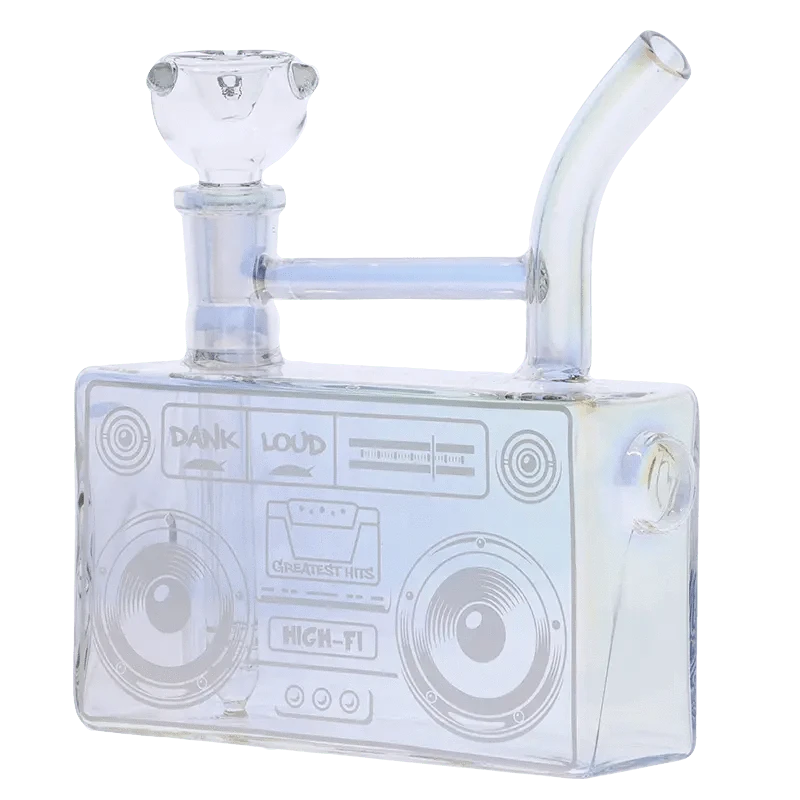Front view of the DHC Originals Boom Box Water Pipe, a clear glass piece shaped like a vintage boombox.