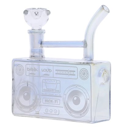 Front view of the DHC Originals Boom Box Water Pipe, a clear glass piece shaped like a vintage boombox.