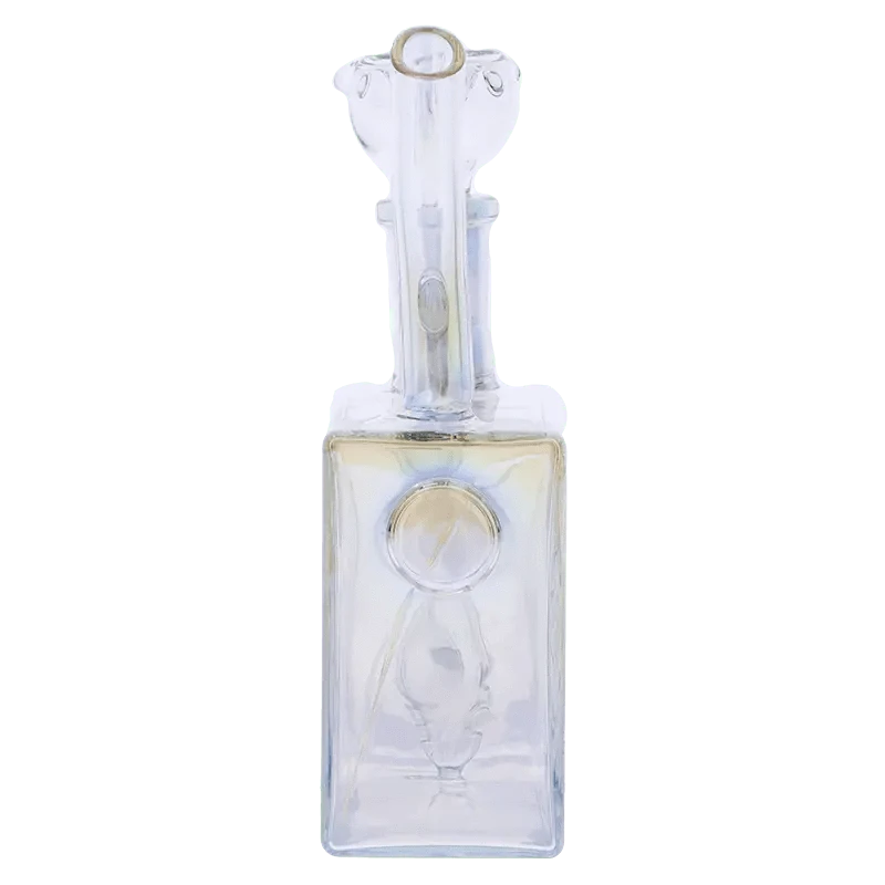A front view of the DHC Originals Boom Box Water Pipe, a clear glass pipe with a boxy shape and angled neck.