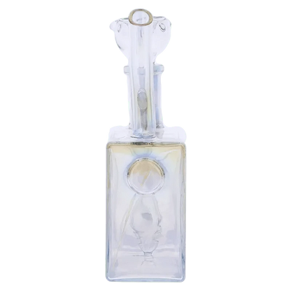 A front view of the DHC Originals Boom Box Water Pipe, a clear glass pipe with a boxy shape and angled neck.