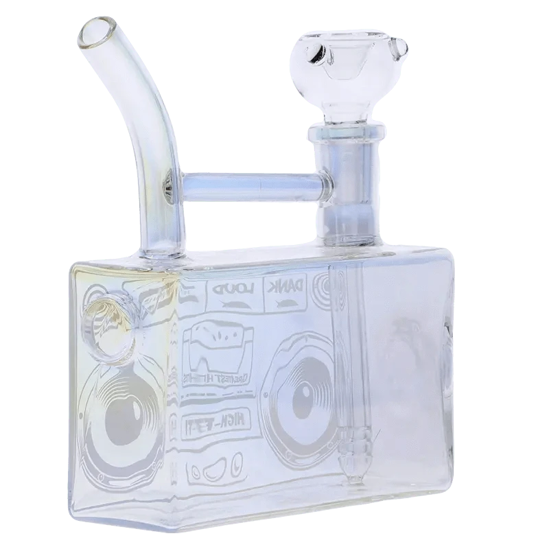 Front view of the DHC Originals Boom Box Water Pipe, a clear glass pipe shaped like a retro boombox.