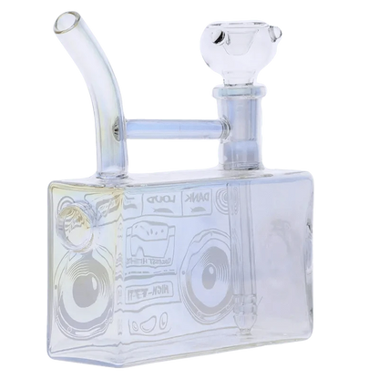 Front view of the DHC Originals Boom Box Water Pipe, a clear glass pipe shaped like a retro boombox.
