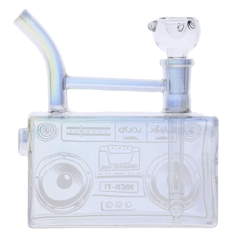 Front view of the DHC Originals Boom Box Water Pipe, a clear glass pipe shaped like a vintage boombox radio.