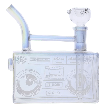Front view of the DHC Originals Boom Box Water Pipe, a clear glass pipe shaped like a vintage boombox radio.