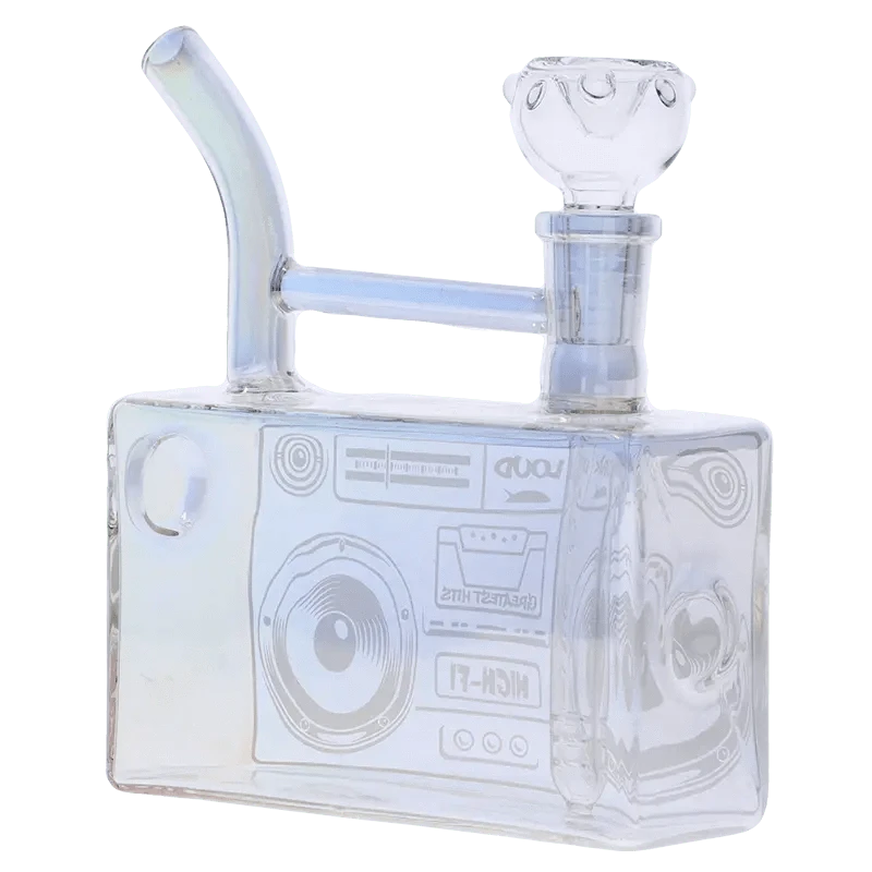 Front view of the DHC Originals Boom Box Water Pipe, a clear glass pipe shaped like a vintage boombox.