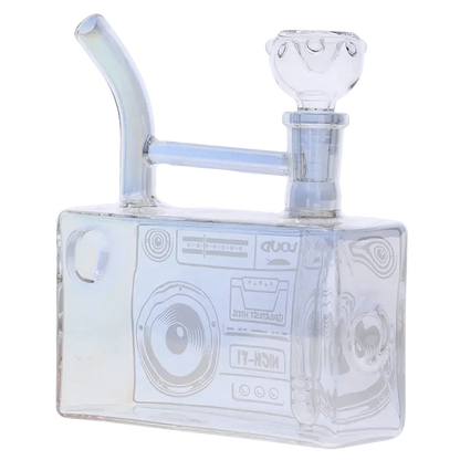 Front view of the DHC Originals Boom Box Water Pipe, a clear glass pipe shaped like a vintage boombox.