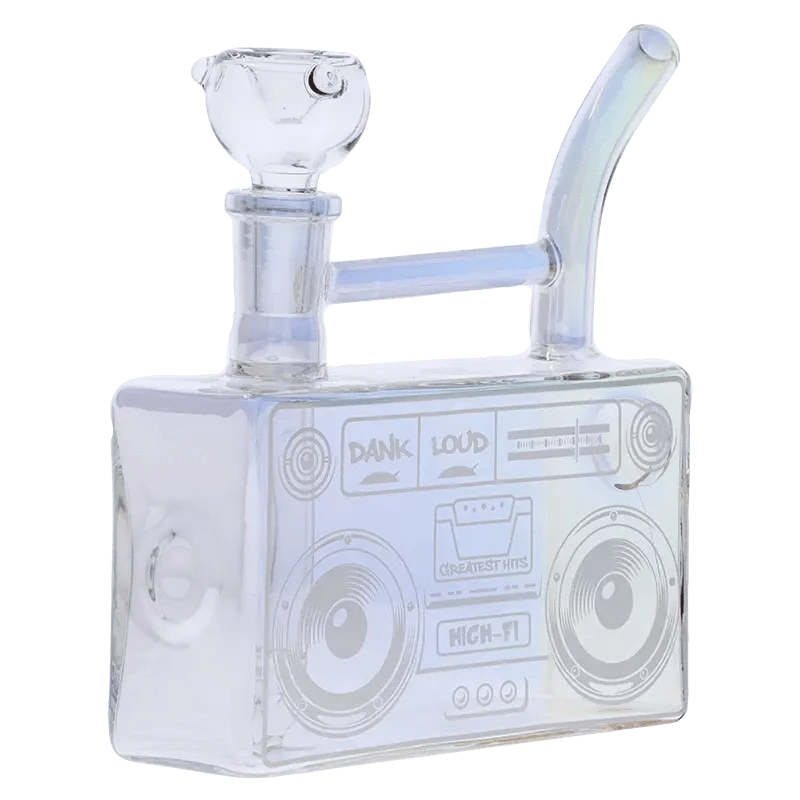 Front view of the DHC Originals Boom Box Water Pipe, a clear glass pipe shaped like a retro boombox.