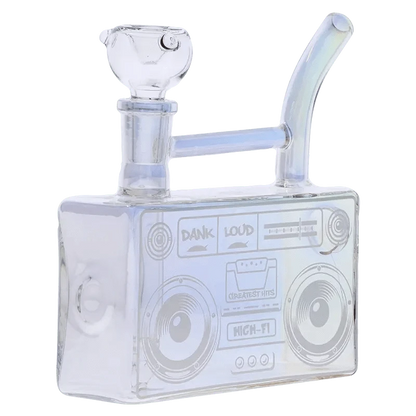 Front view of the DHC Originals Boom Box Water Pipe, a clear glass pipe shaped like a retro boombox.