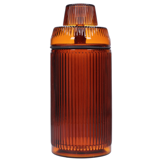 Front view of the Medusa Deco Gravity Bong - Baltic Amber, showcasing its ribbed glass body and amber hue against a plain background.