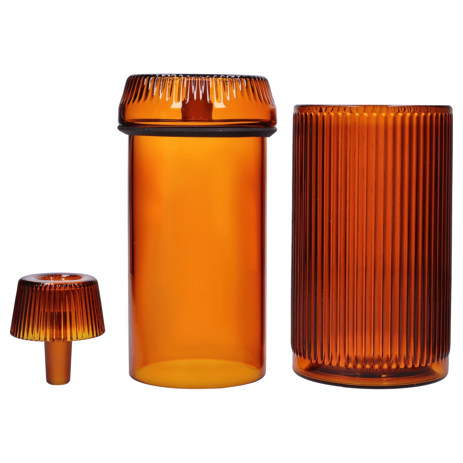 Front view of the Medusa Deco Gravity Bong - Baltic Amber, showing its ribbed glass body and detachable mouthpiece.