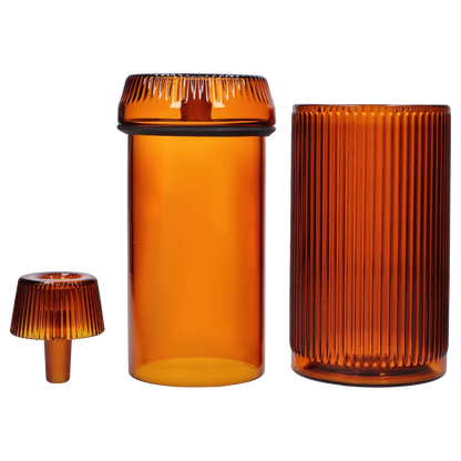 Front view of the Medusa Deco Gravity Bong - Baltic Amber, showing its ribbed glass body and detachable mouthpiece.