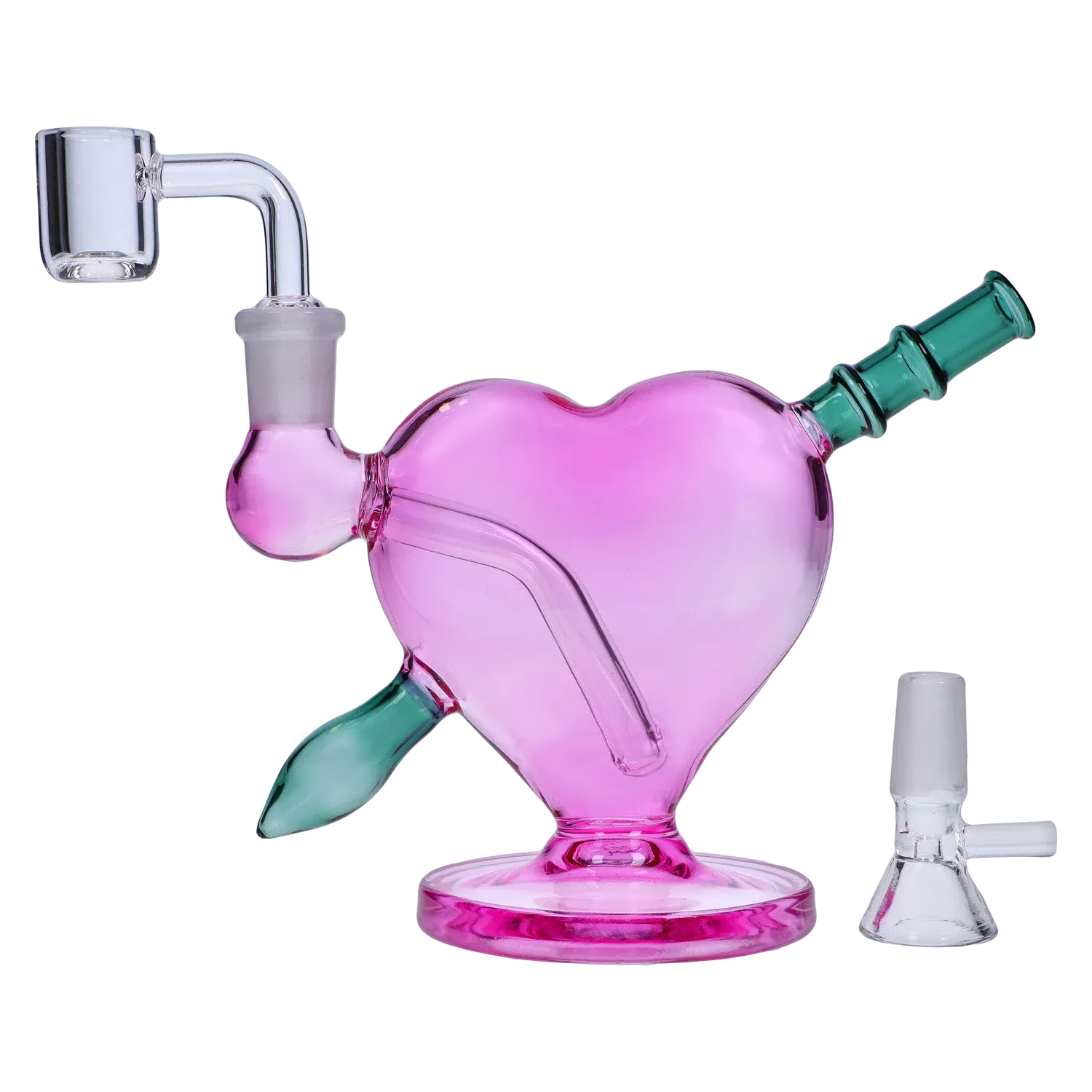 Angled side view of the Heart Bong w/Bowl + Banger showing a pink heart-shaped body with green mouthpiece and clear banger.