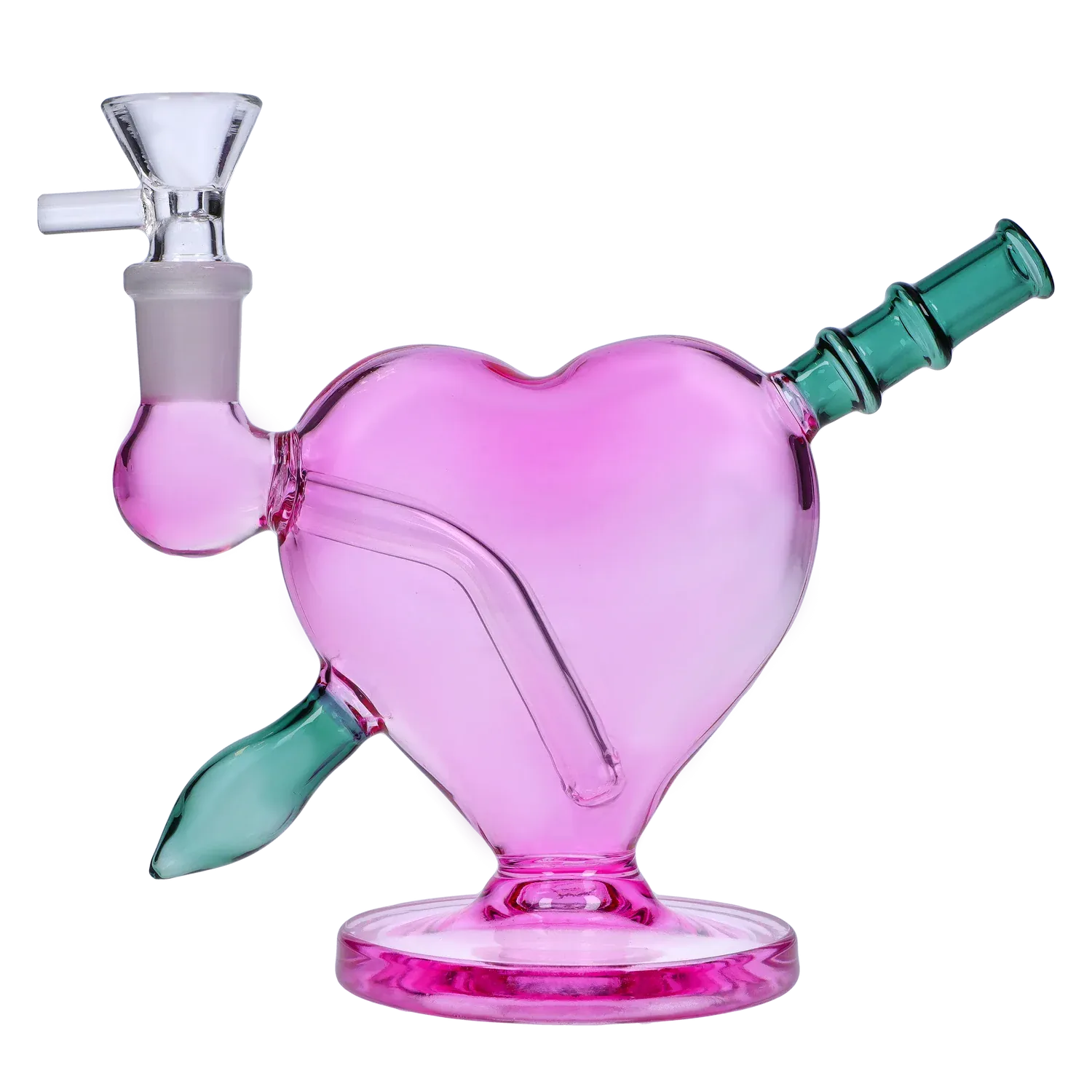 Angled close-up of the pink Heart Bong w/Bowl + Banger showing its heart-shaped chamber, green mouthpiece, and glass bowl connection.