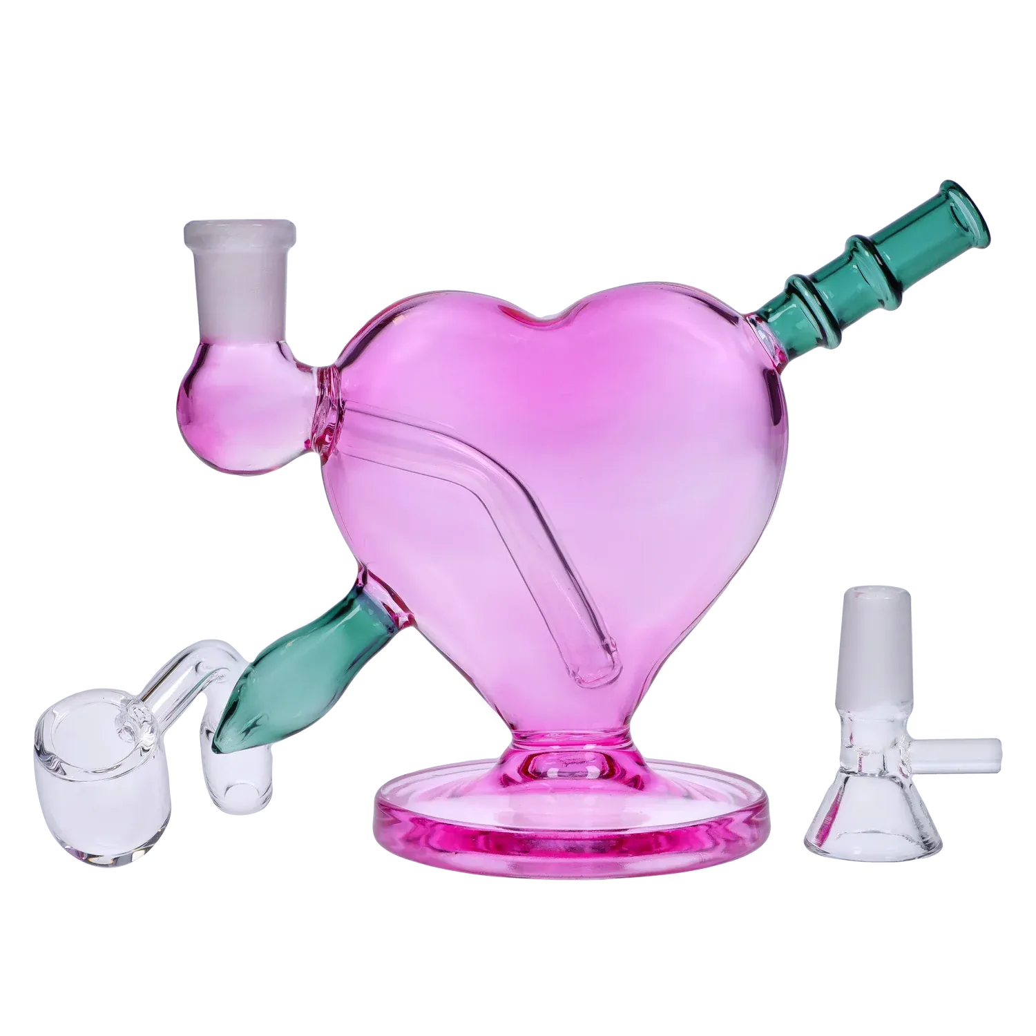 Front view of the pink Heart Bong w/Bowl + Banger heart-shaped glass piece with green angled mouthpiece and bowl shown on a pale background.