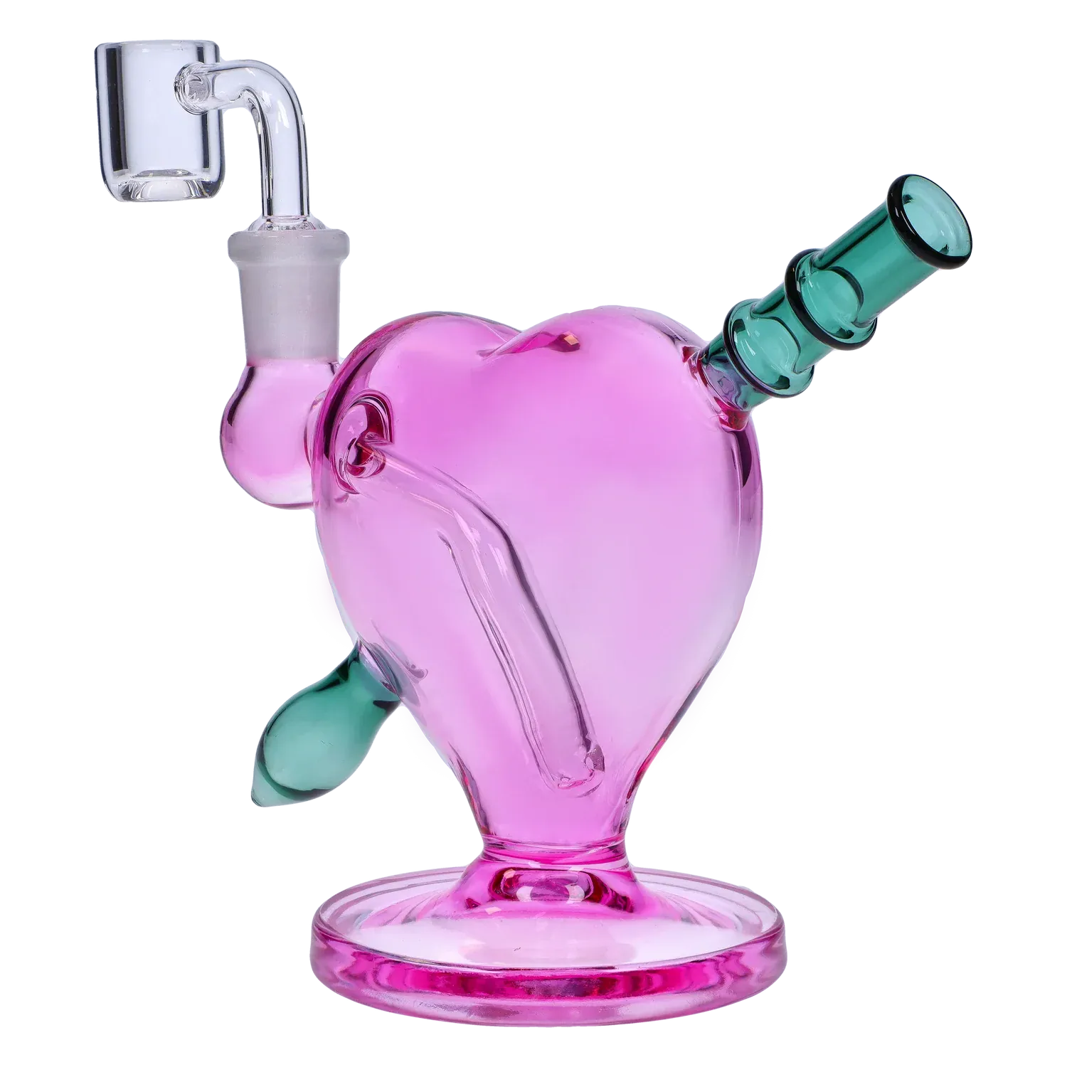 Angled close-up of the pink Heart Bong w/Bowl + Banger showing its heart-shaped chamber, teal mouthpiece, and clear glass banger.