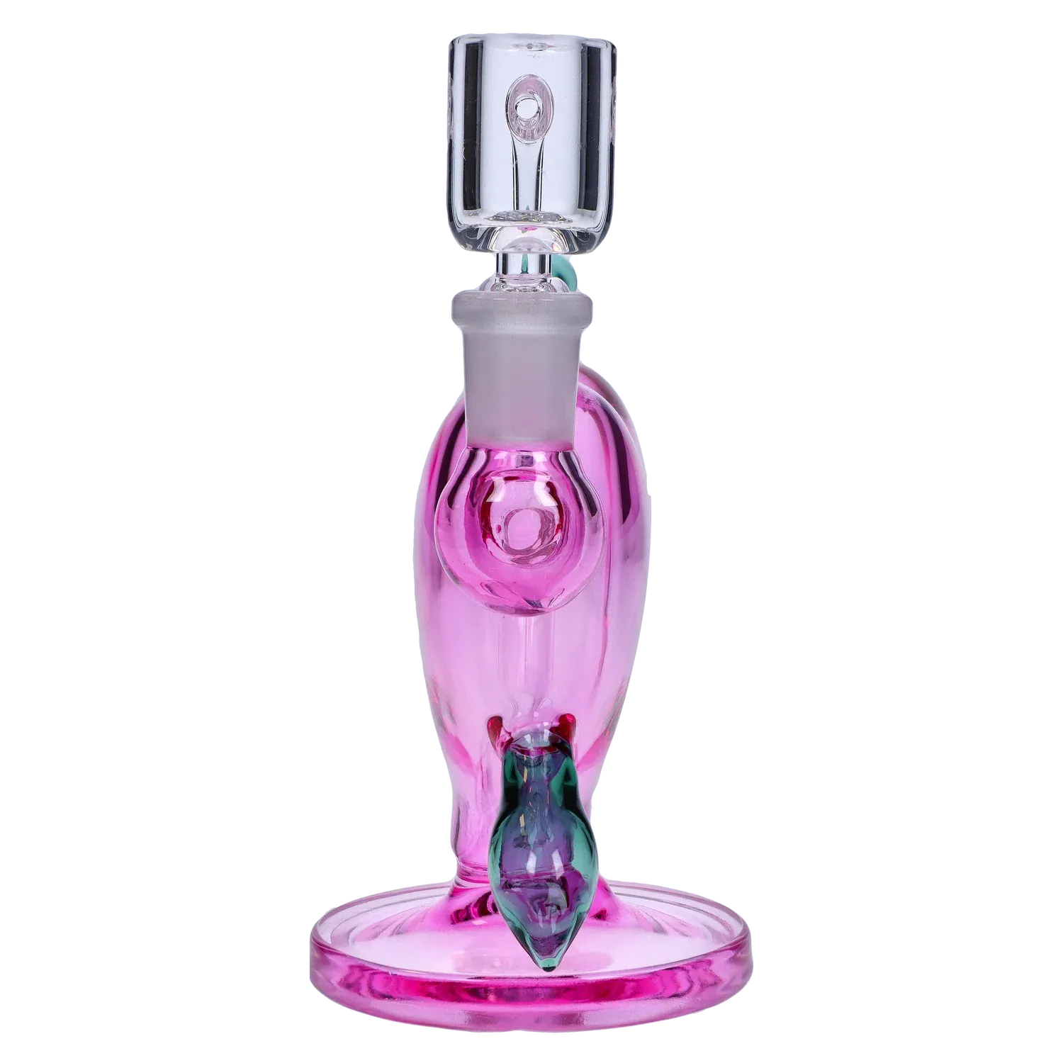Center-frontal view of the pink Heart Bong w/Bowl + Banger showing its clear bowl, frosted joint, and reflective heart-shaped body on a matching round base.
