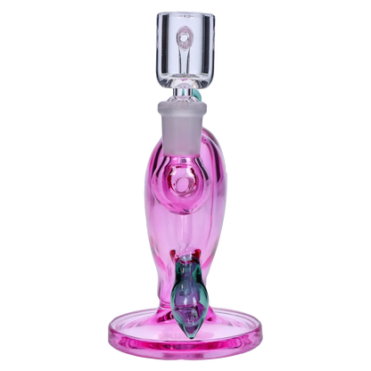 Center-frontal view of the pink Heart Bong w/Bowl + Banger showing its clear bowl, frosted joint, and reflective heart-shaped body on a matching round base.