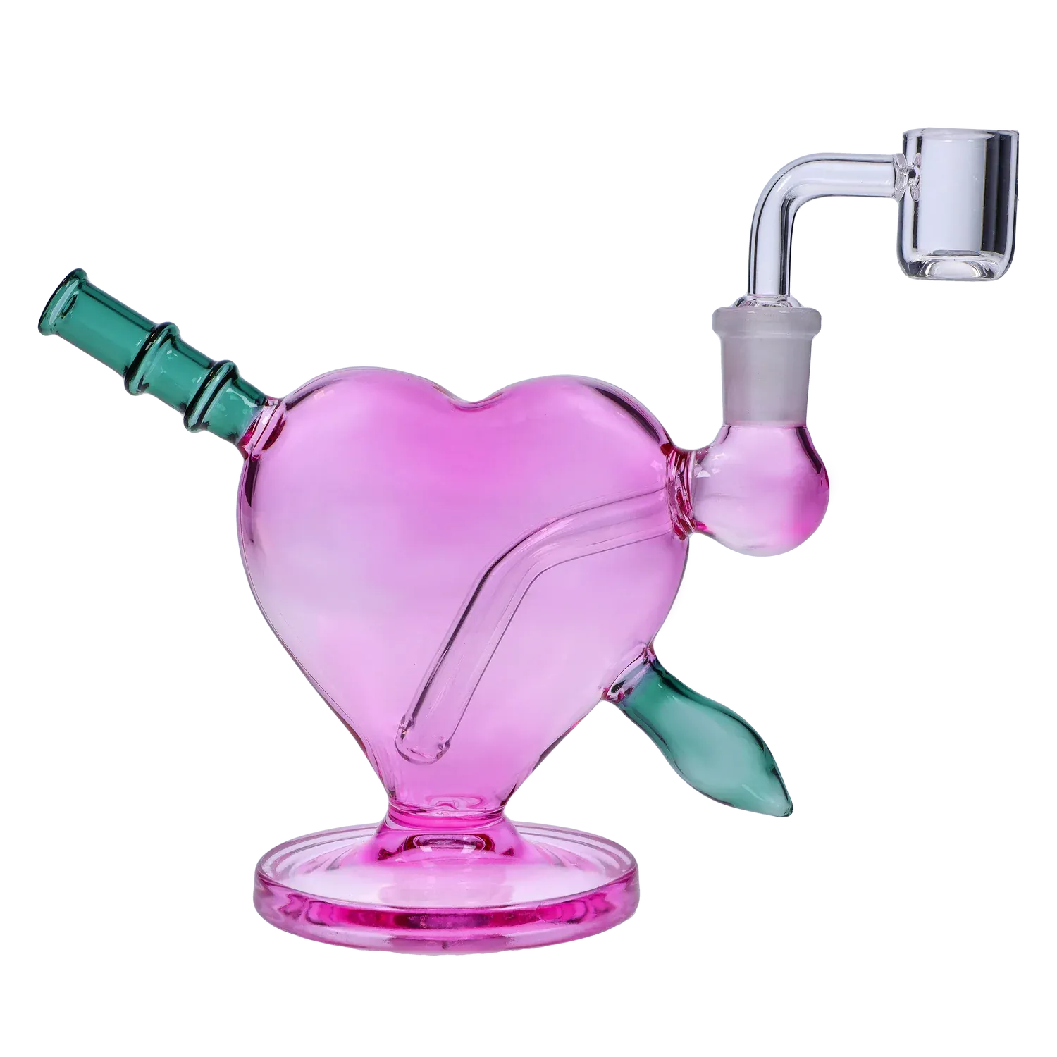 Angled close-up of the Heart Bong w/Bowl + Banger showing its pink heart-shaped body with teal mouthpiece and clear glass banger.