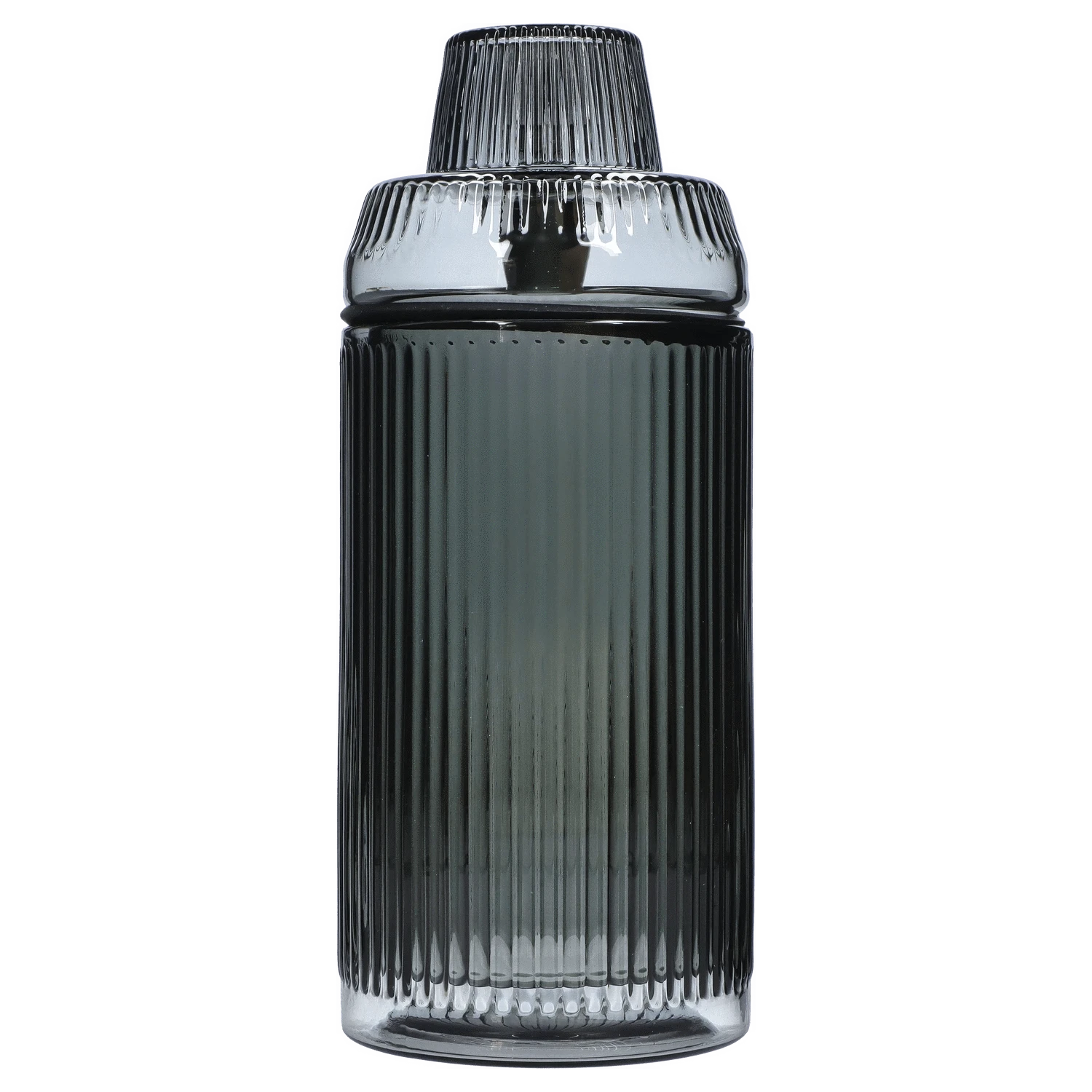 Front view of the Medusa Deco Gravity Bong - Charcoal, showcasing its sleek, dark glass design and vertical ribbed texture.