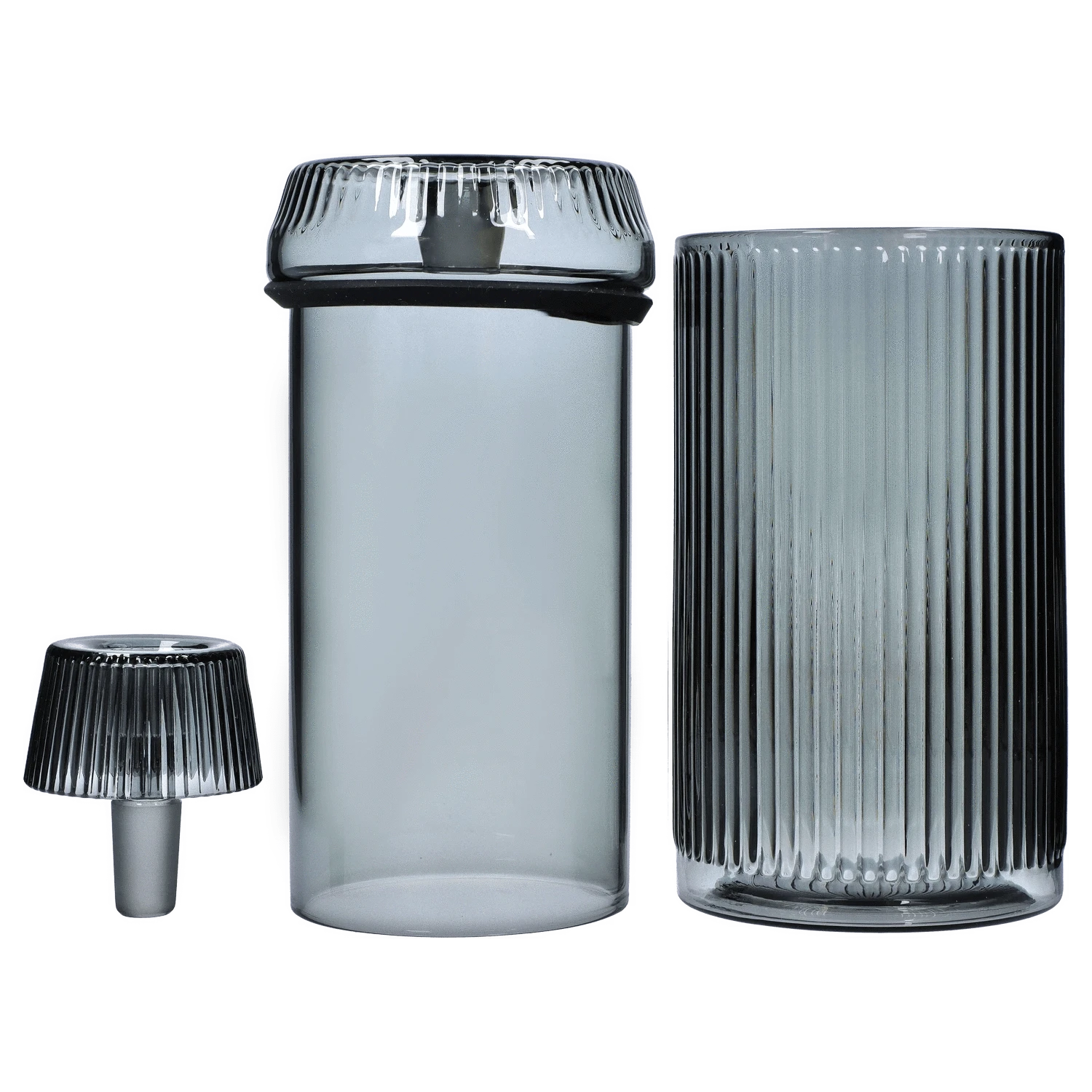 A front view of the Medusa Deco Gravity Bong - Charcoal, showing the clear glass base and charcoal attachment against a plain white background.