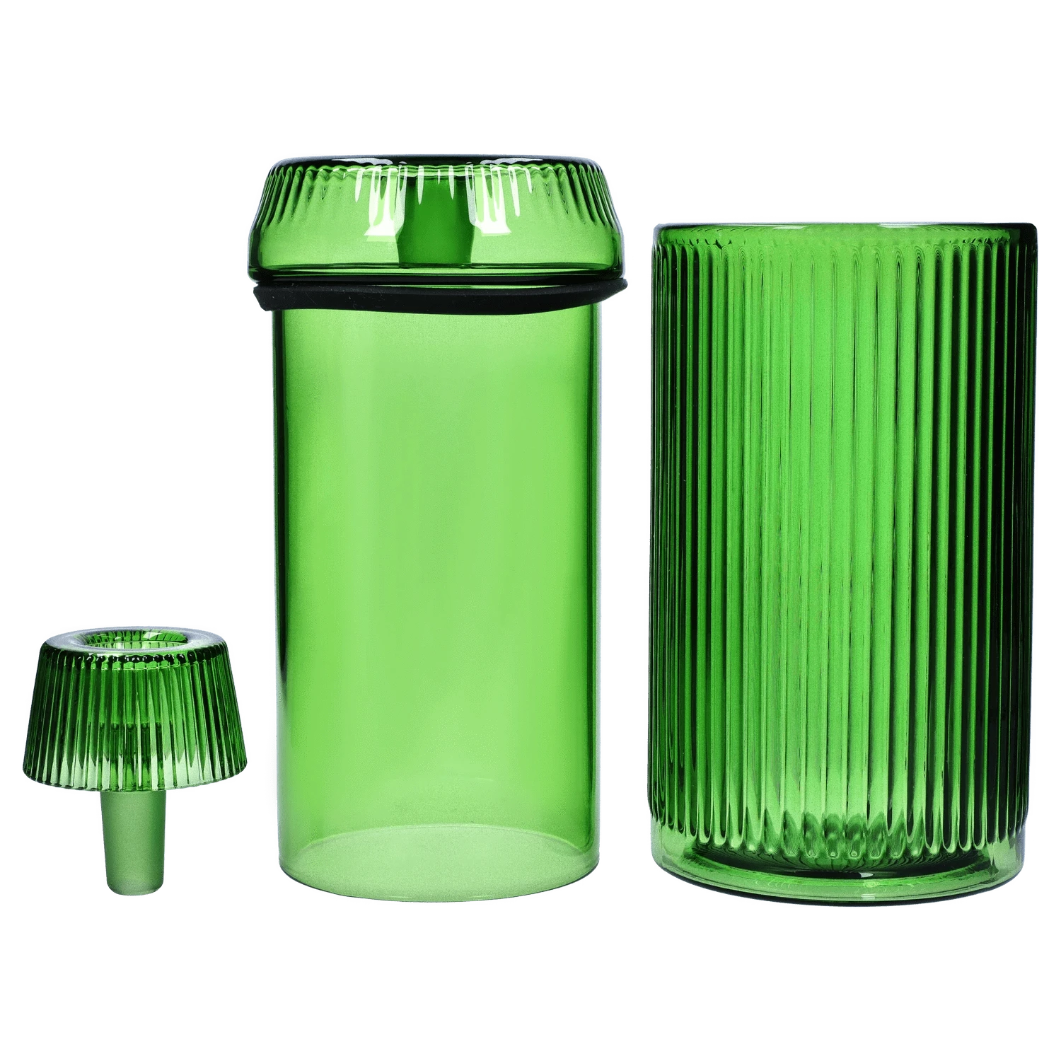 A front view of the Medusa Deco Gravity Bong - Emerald, showcasing its sleek, cylindrical shape and vibrant green hue.