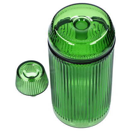 A close-up, angled view of the Medusa Deco Gravity Bong - Emerald, showcasing its textured glass and rounded form.