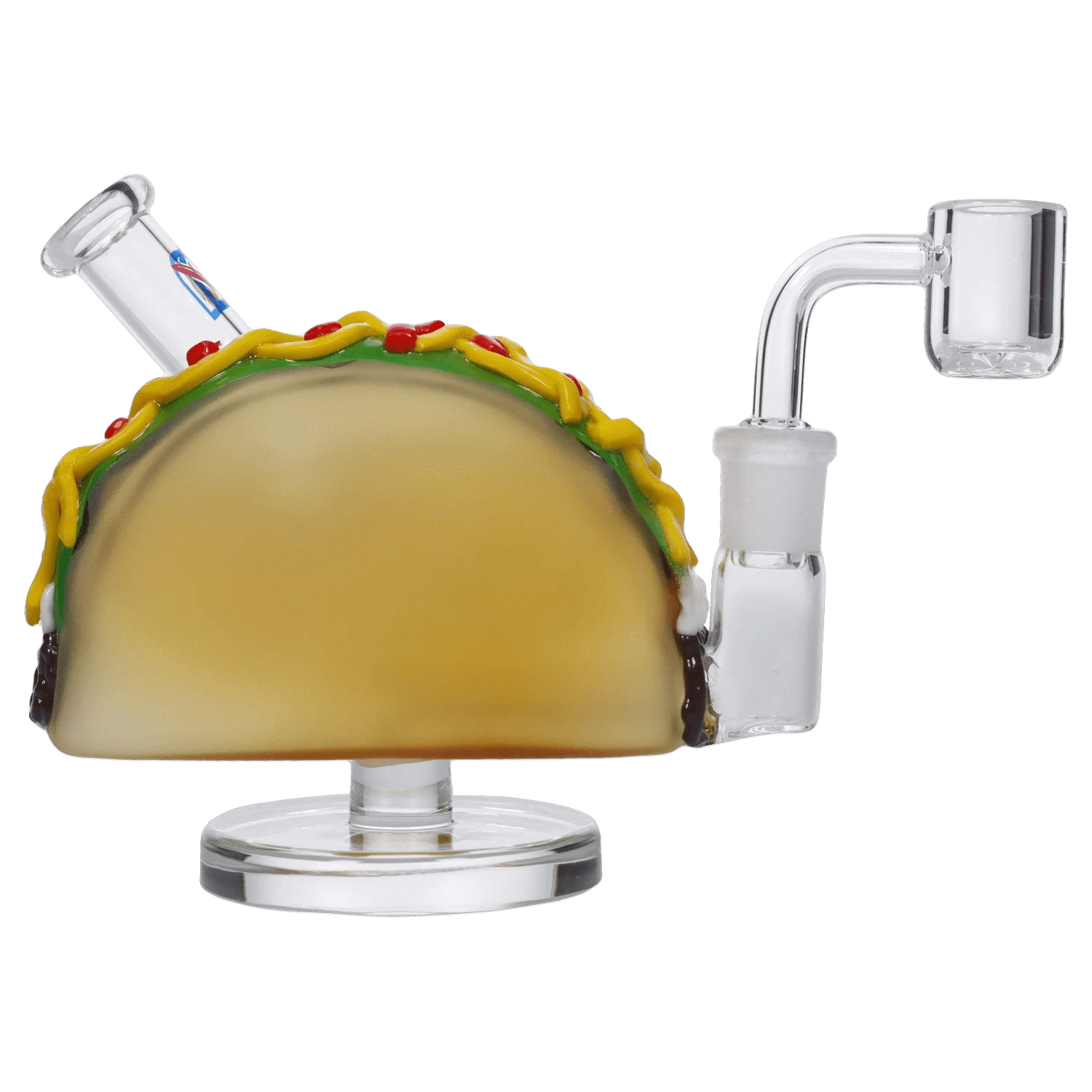 Front view of the 4-inch DHC Originals Taco Dual-Use Water Pipe, showcasing its colorful, playful design against a white backdrop.