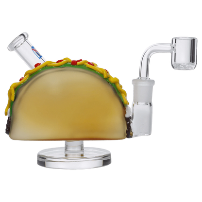 Front view of the 4-inch DHC Originals Taco Dual-Use Water Pipe, showcasing its colorful, playful design against a white backdrop.