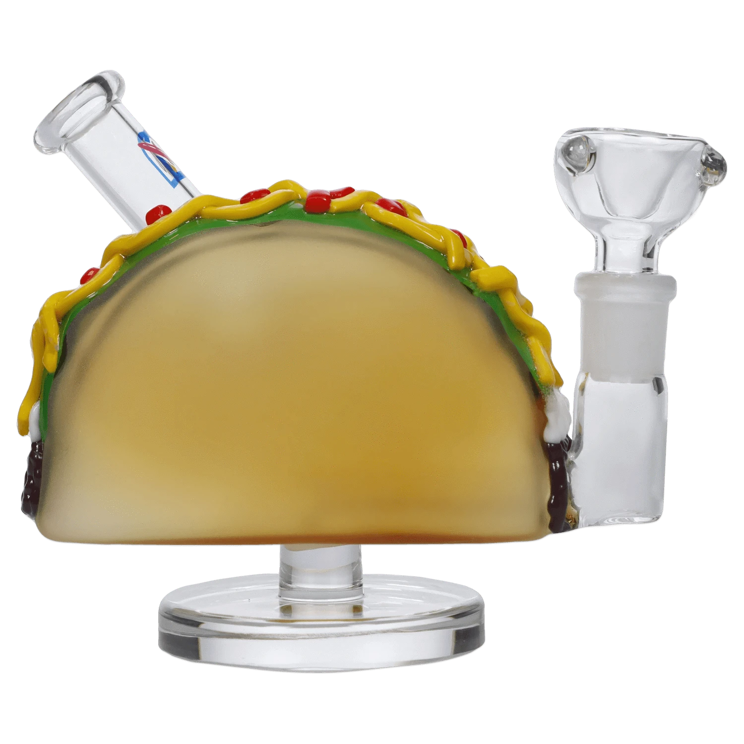 A front view of the 4-inch DHC Originals Taco Dual-Use Water Pipe, designed as a colorful taco shell with a clear glass bowl.