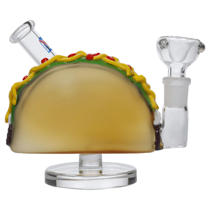 A front view of the 4-inch DHC Originals Taco Dual-Use Water Pipe, designed as a colorful taco shell with a clear glass bowl.