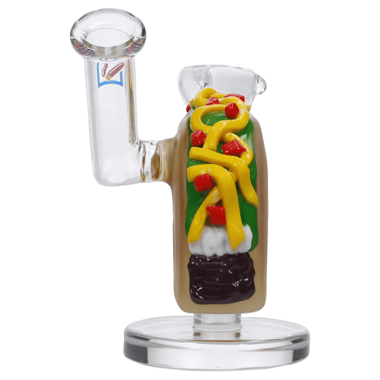 A studio shot of the 4-inch DHC Originals Taco Dual-Use Water Pipe, resembling a taco with a clear glass body and colorful accents.