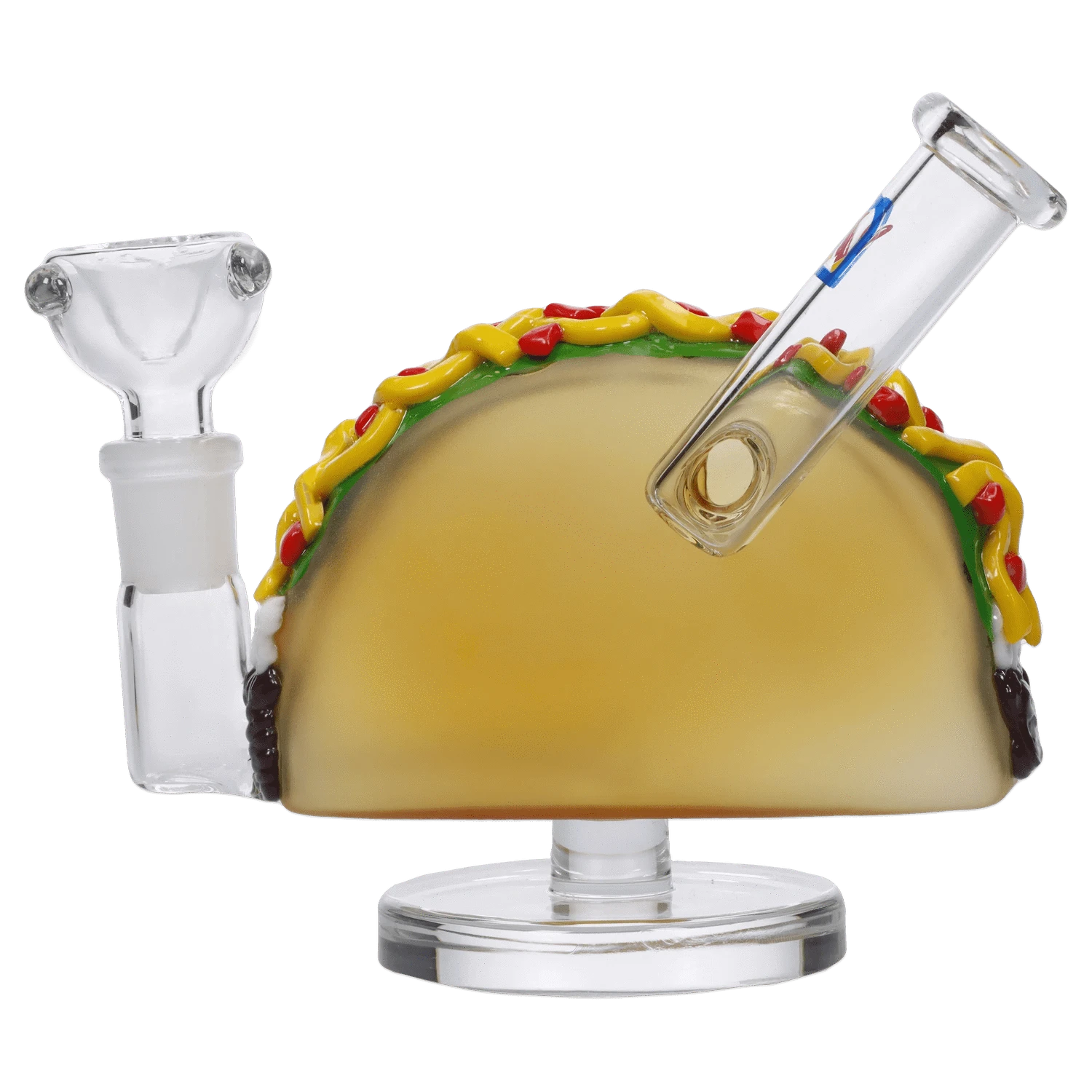 A studio shot displays the 4-inch DHC Originals Taco Dual-Use Water Pipe, shaped like a taco with a clear glass body.