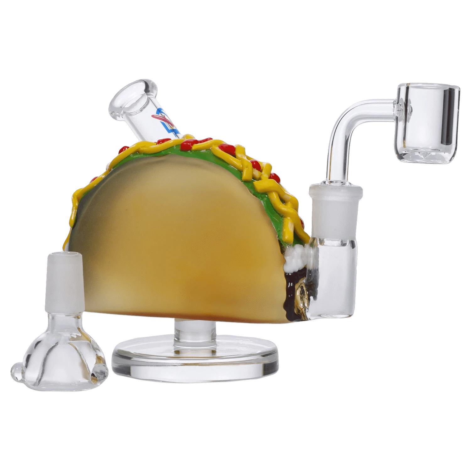 The 4-inch DHC Originals Taco Dual-Use Water Pipe is shown in a studio shot with a clear glass build and unique taco-inspired design.