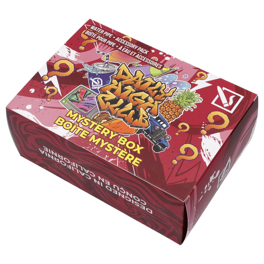 Front view of the DHC - Mystery Box - Dia de Los Muertos - Burgundy, showcasing a colorful patterned design on a black background.