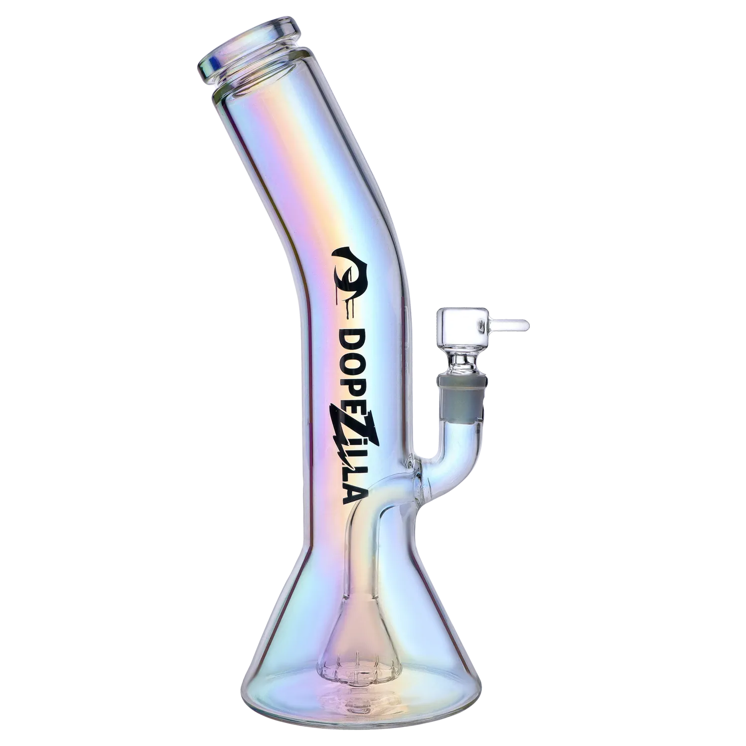 Angled close-up of a pearlescent Gryphon Bent Neck Water Pipe 12.2" showing its bent neck, beaker base, and side joint against a white background