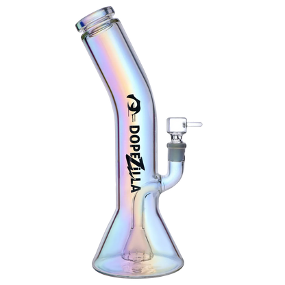 Angled close-up of a pearlescent Gryphon Bent Neck Water Pipe 12.2" showing its bent neck, beaker base, and side joint against a white background