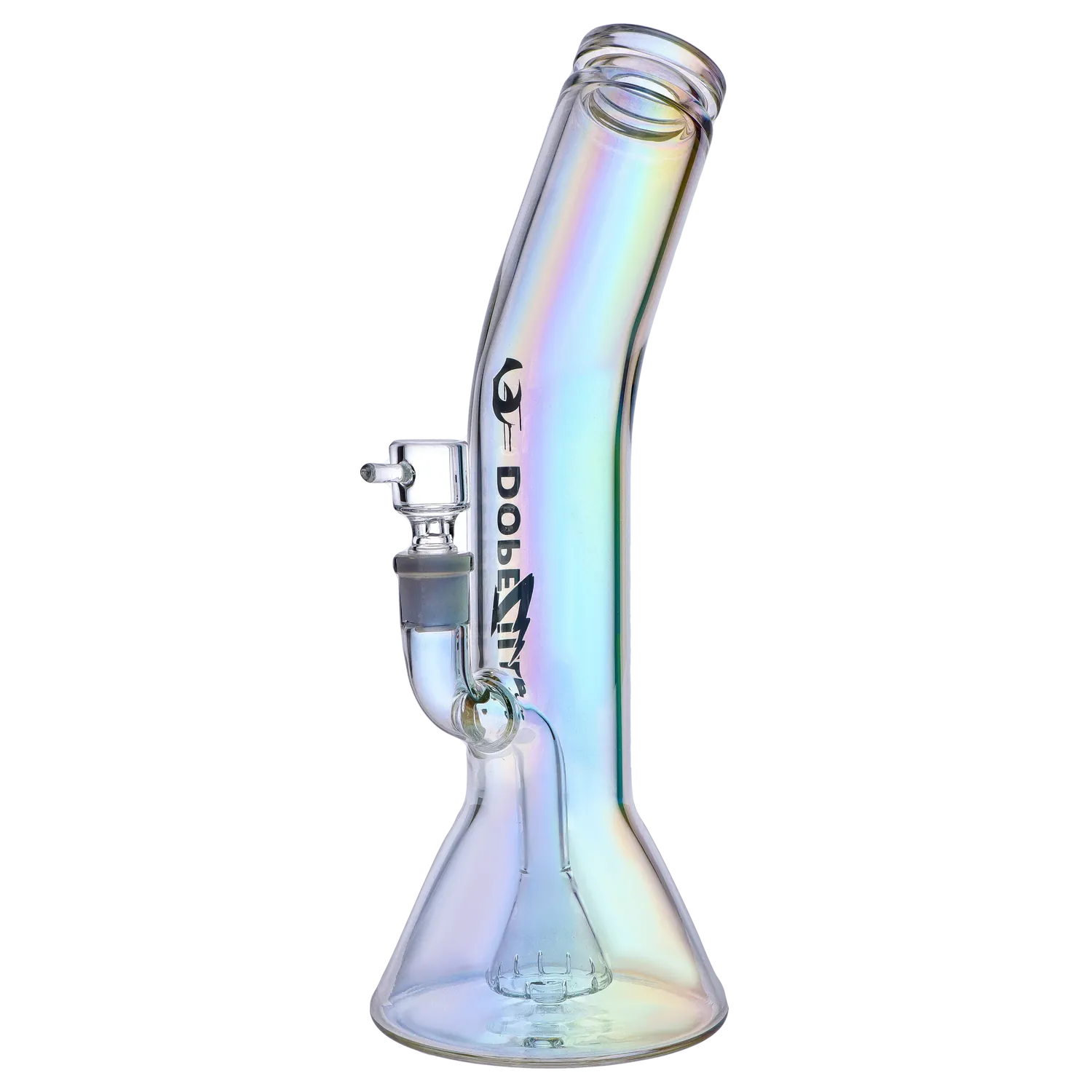 Angled side view of the iridescent Gryphon Bent Neck Water Pipe 12.2" showing its bent neck, joint, and beaker base.