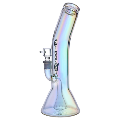 Angled side view of the iridescent Gryphon Bent Neck Water Pipe 12.2" showing its bent neck, joint, and beaker base.