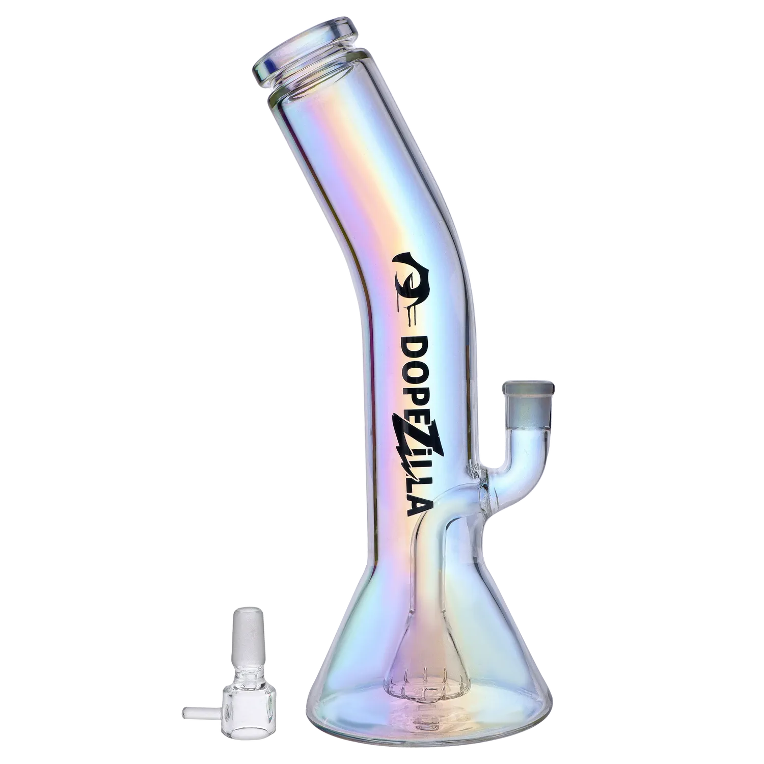Angled close-up of the iridescent Gryphon Bent Neck Water Pipe 12.2" showing its curved neck, black logo, and beaker base on a white background
