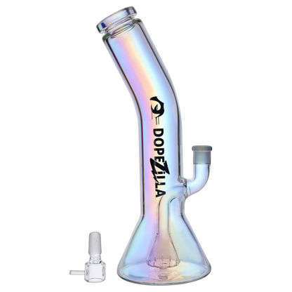 Angled close-up of the iridescent Gryphon Bent Neck Water Pipe 12.2" showing its curved neck, black logo, and beaker base on a white background